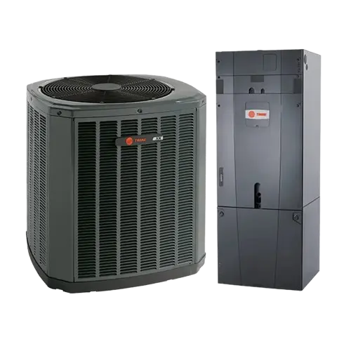 Air Conditioner Installation 3 A Trane central air conditioning unit and matching air handler both in a dark gray finish designed for efficient home cooling and heating